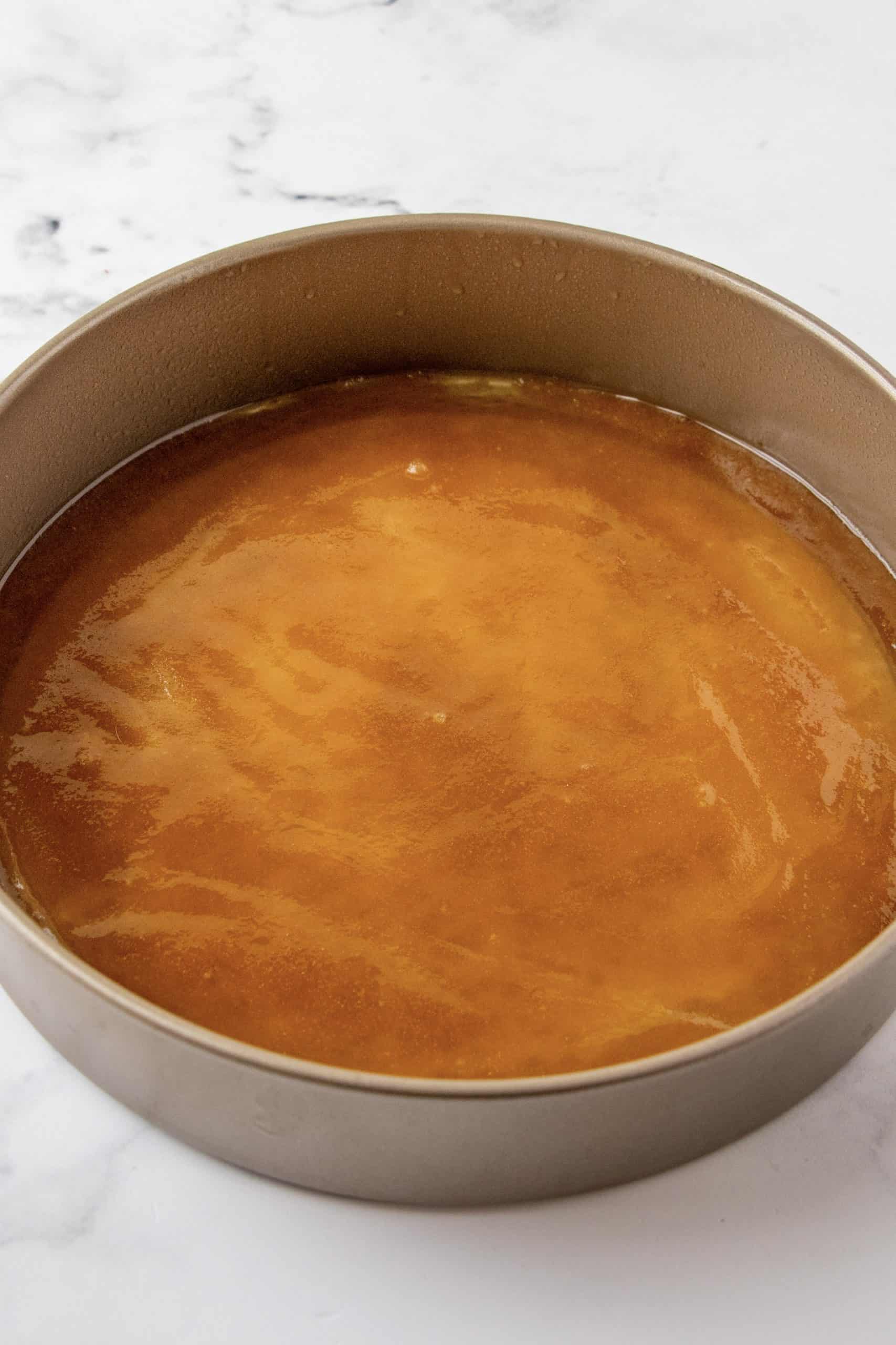 Brown sugar mixture added to bottom of pan.