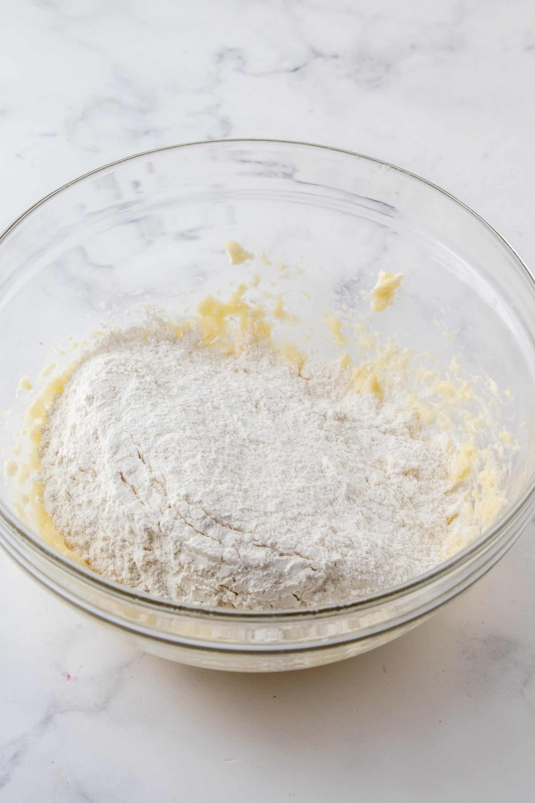 Dry ingredients added to butter mixture.