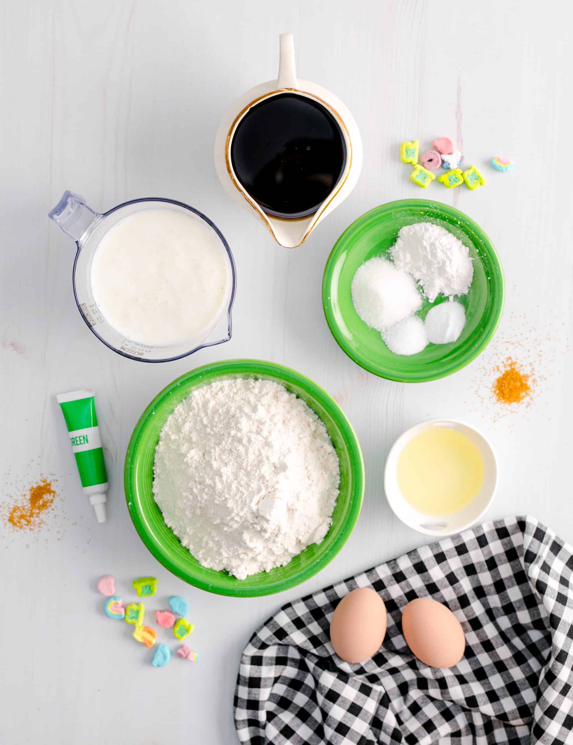 Ingredients needed to make St. Patrick's Green Pancakes.