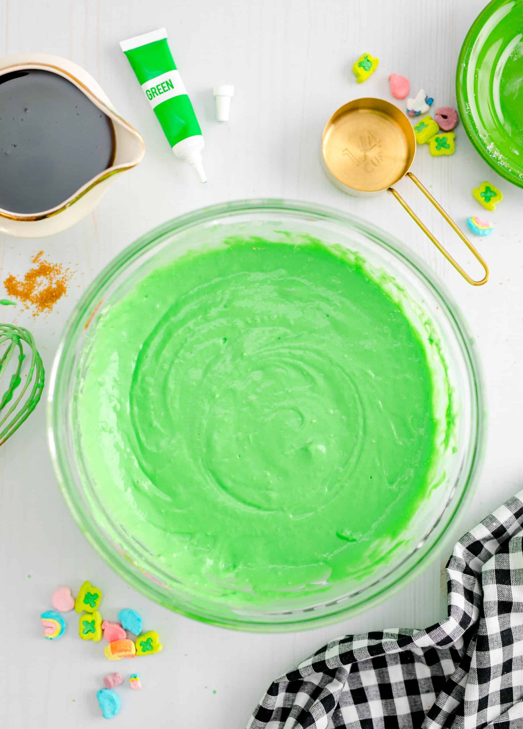 St. Patrick's Green Pancakes batter whisked up in a bowl.