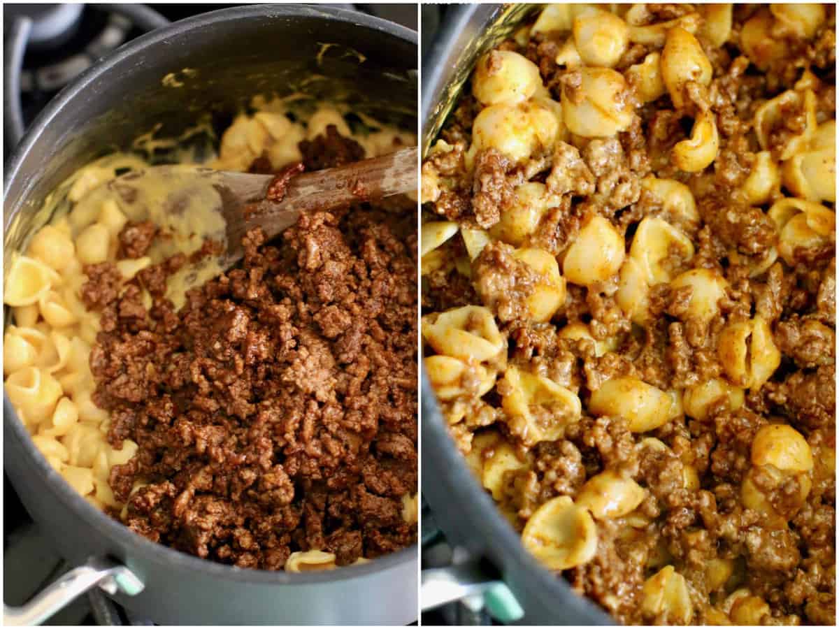 collage of two photos: macaroni and cheese and taco ground beef in a large pot; fully mixed taco Mac and cheese in a pot. 