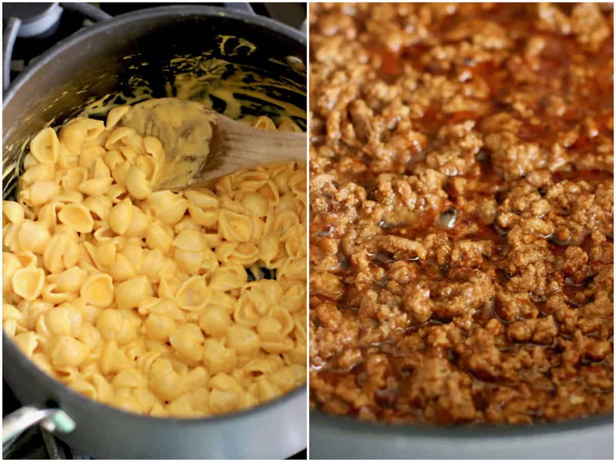 collage of two photos: prepared macaroni and cheese in a pot; taco seasoned ground beef in a skillet. 