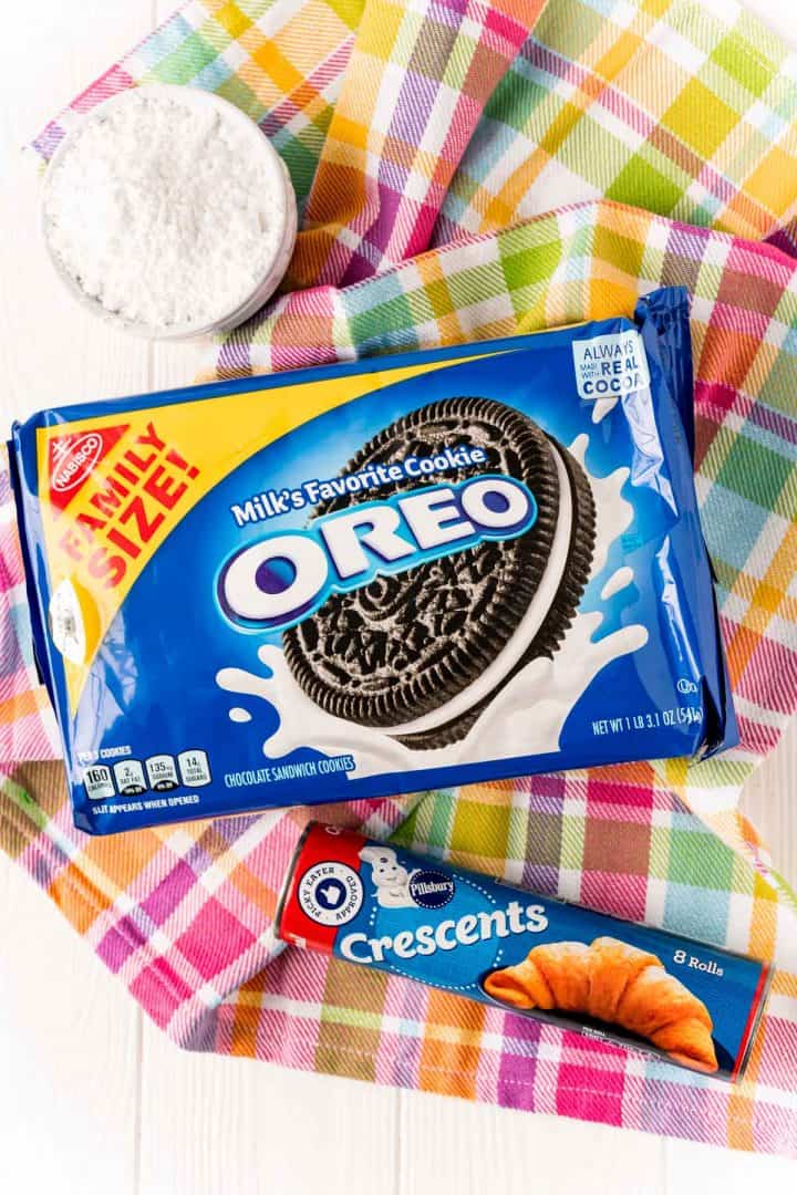 Ingredients needed to make Air Fryer Fried Oreos: Oreo Cookies, Crescent roll dough and powdered sugar. 