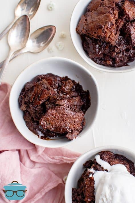 Overhead of three bowls of Homemade Chocolate Cobbler Recipe