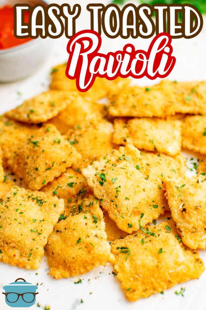 Easy Toasted Ravioli stacked on plate topped with parsley.