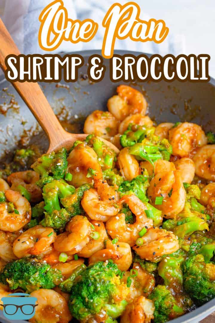 One Pan Shrimp and Broccoli in pan with serving spoon
