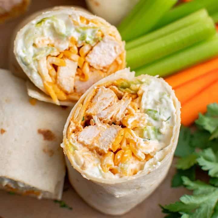 Close up looking inside Buffalo Chicken Wrap square image