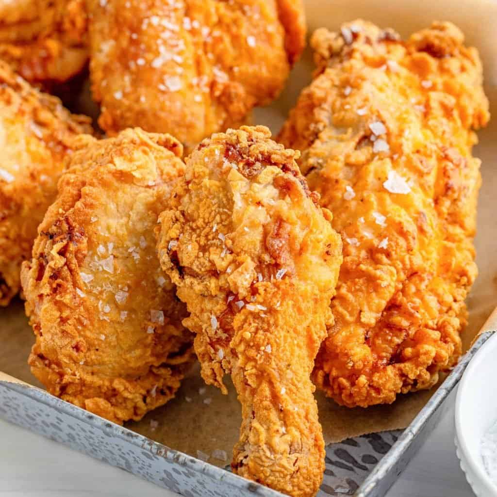 Close up of The Best Southern Fried Chicken on metal tray thumbnail image