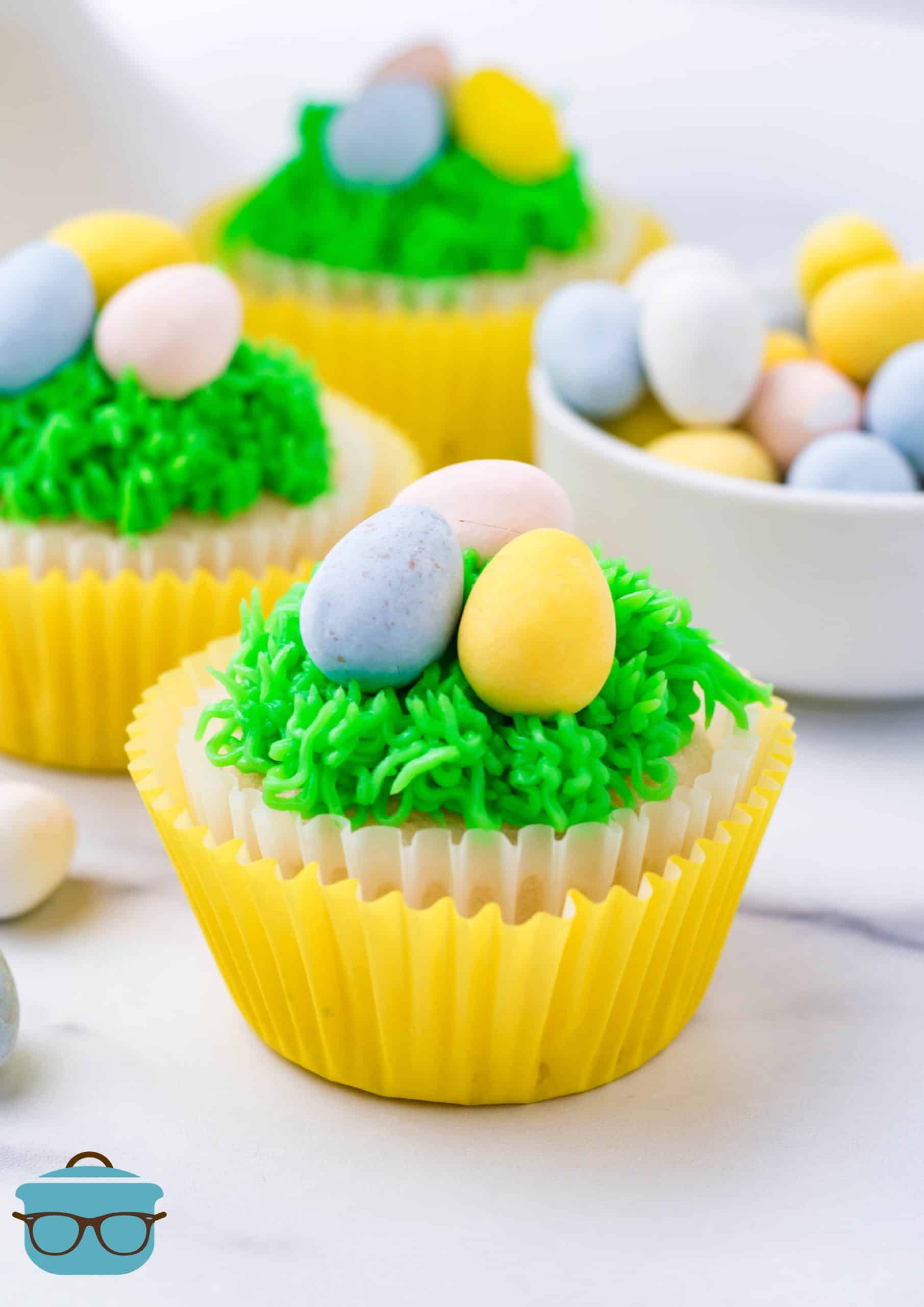 Easter Egg Cupcakes decorated in paper liners.