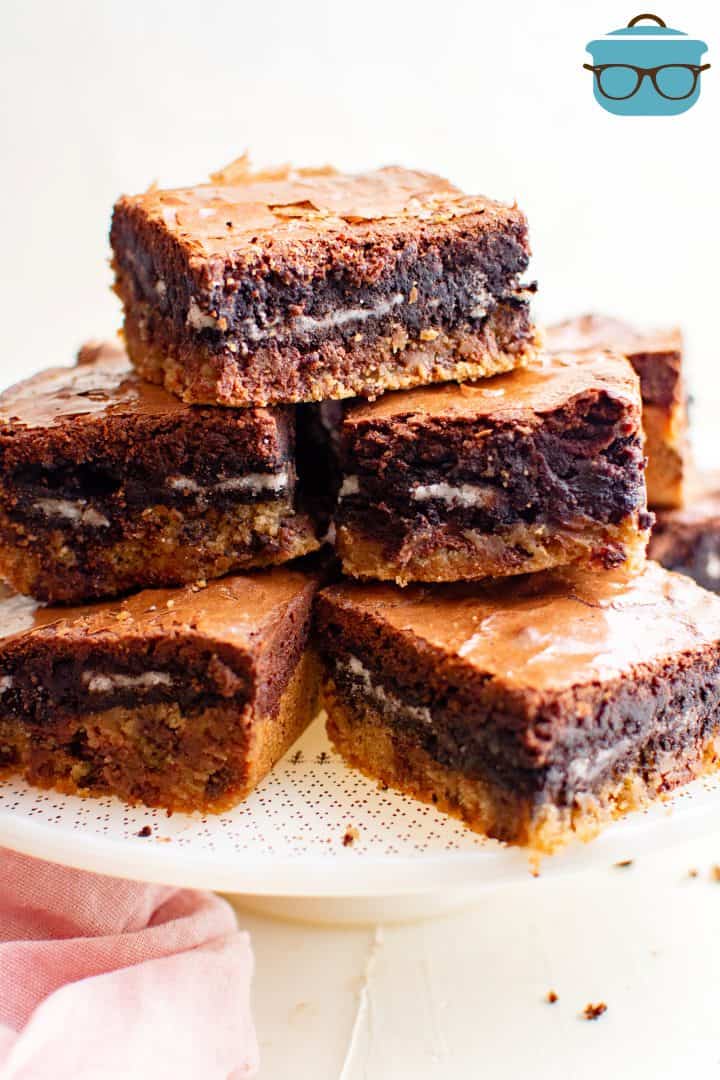 Slutty Brownies stacked on cake stand