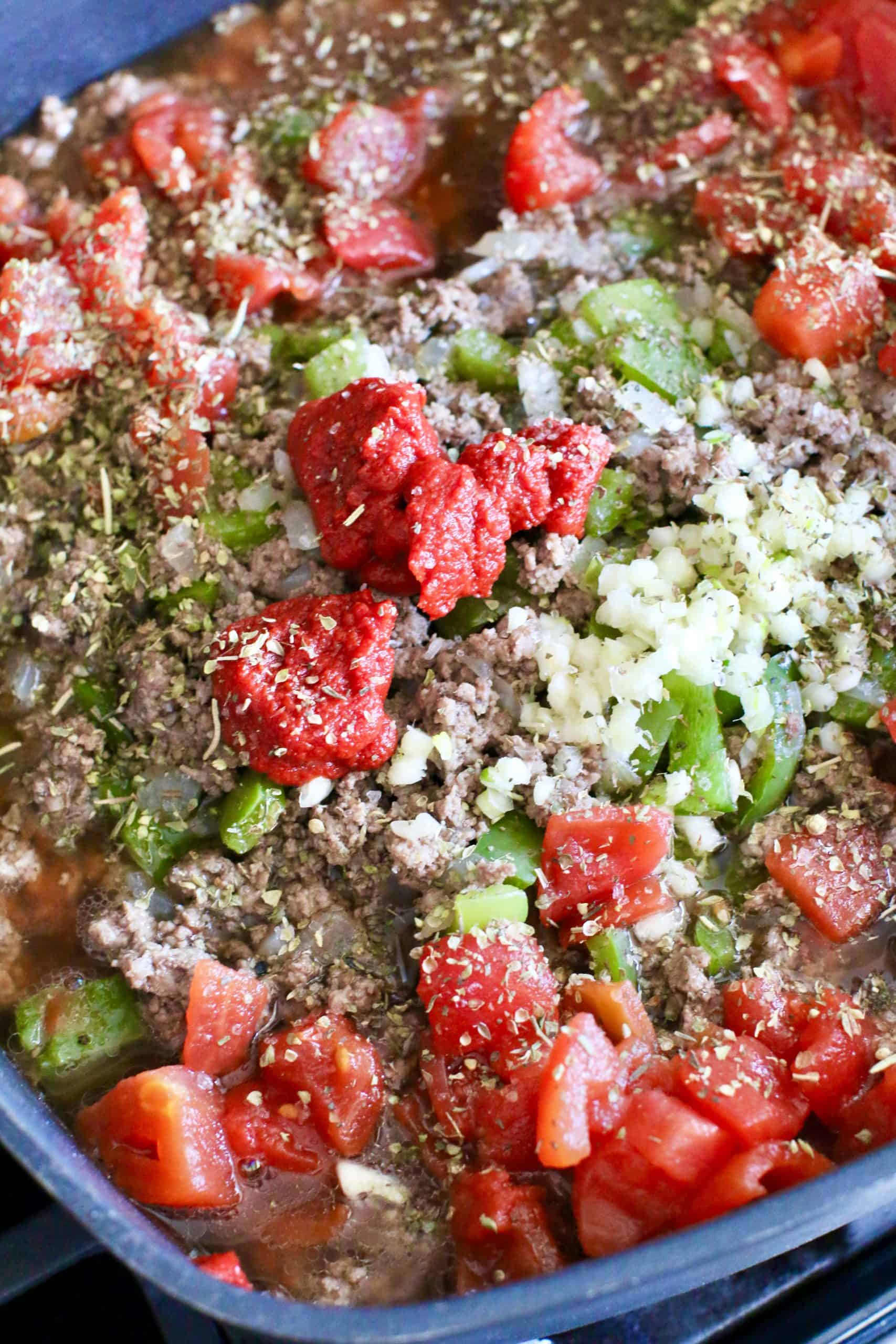 cooked ground beef, onions, green peppers, tomato paste, garlic and diced tomatoes in a large skillet.