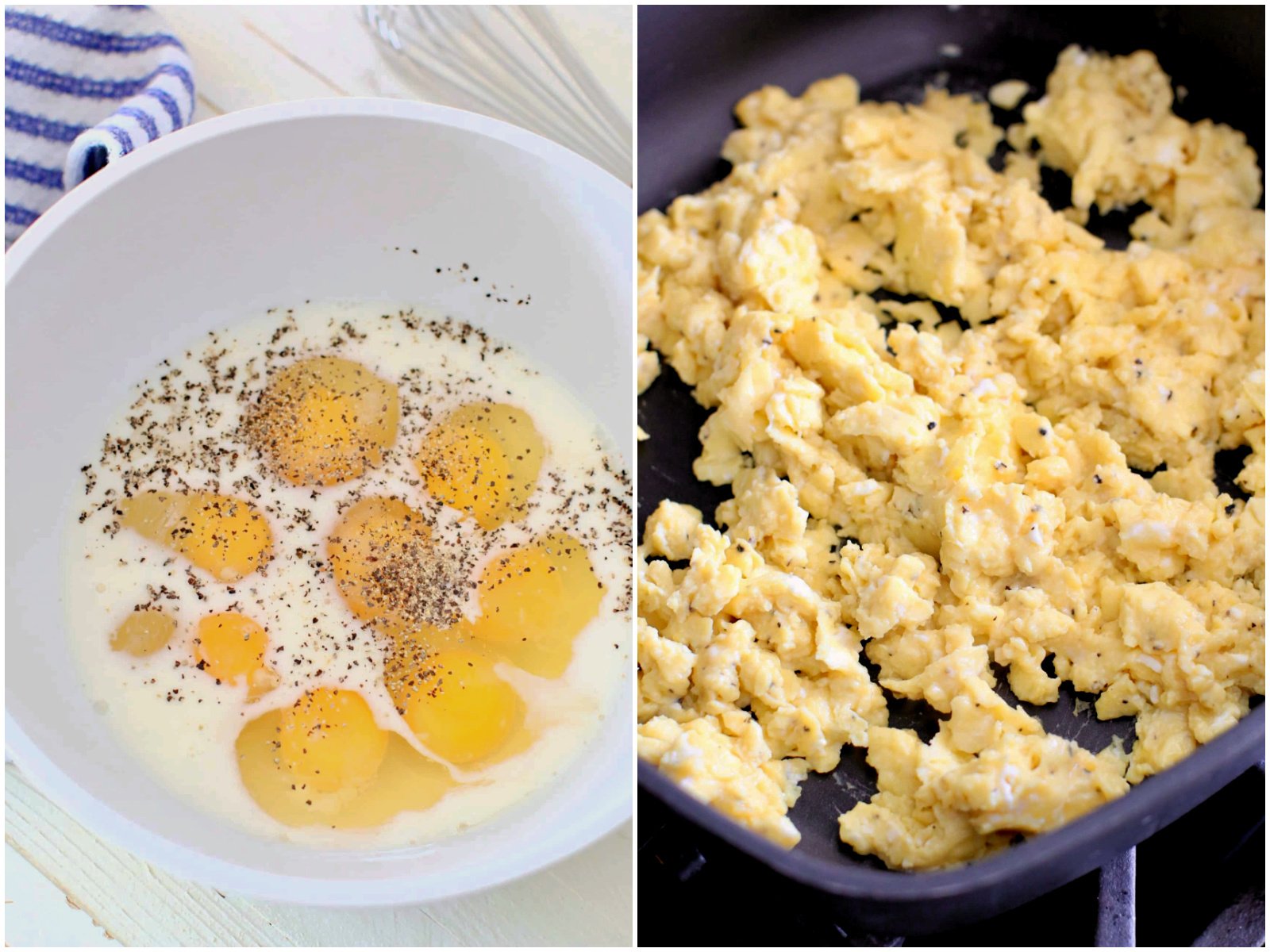 collage of two photos: eggs, milk, salt and pepper in a white bowl; scrambled eggs in a skillet. 