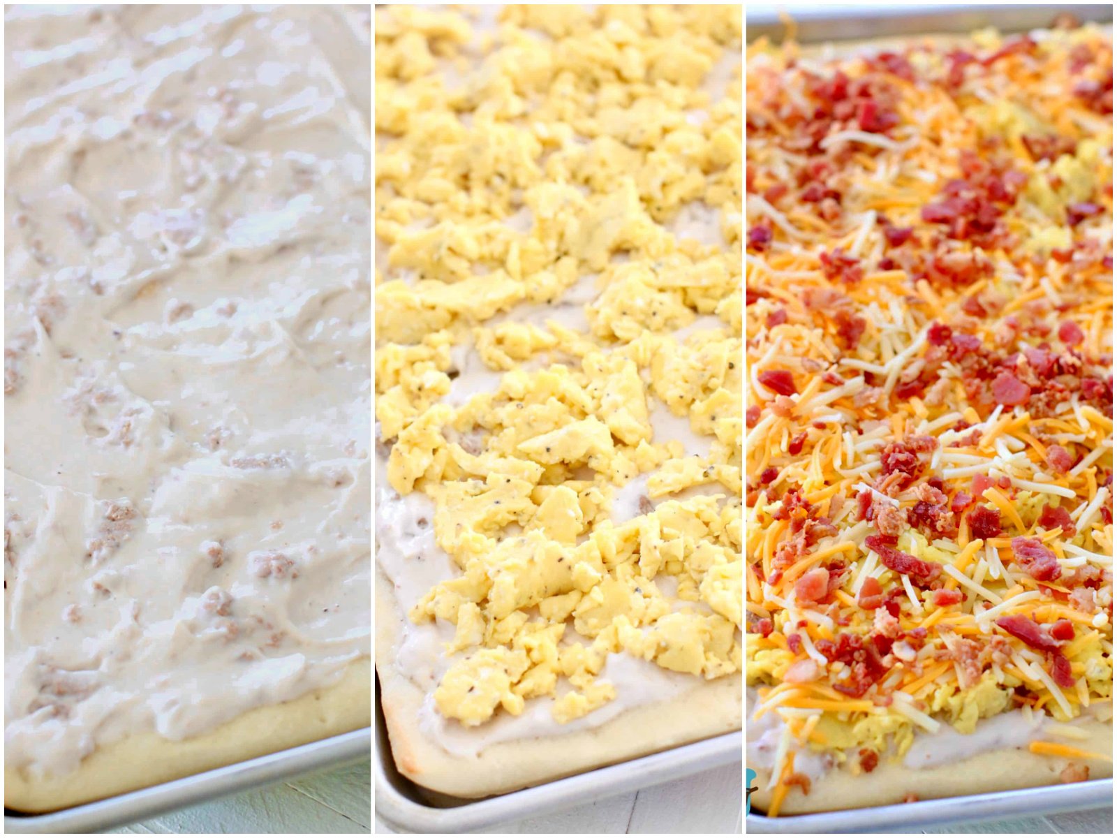 collage of three photos: sausage gravy spread onto pizza crust; scrambled eggs layered over gravy layer, bacon and cheese added on top of scrambled eggs. 
