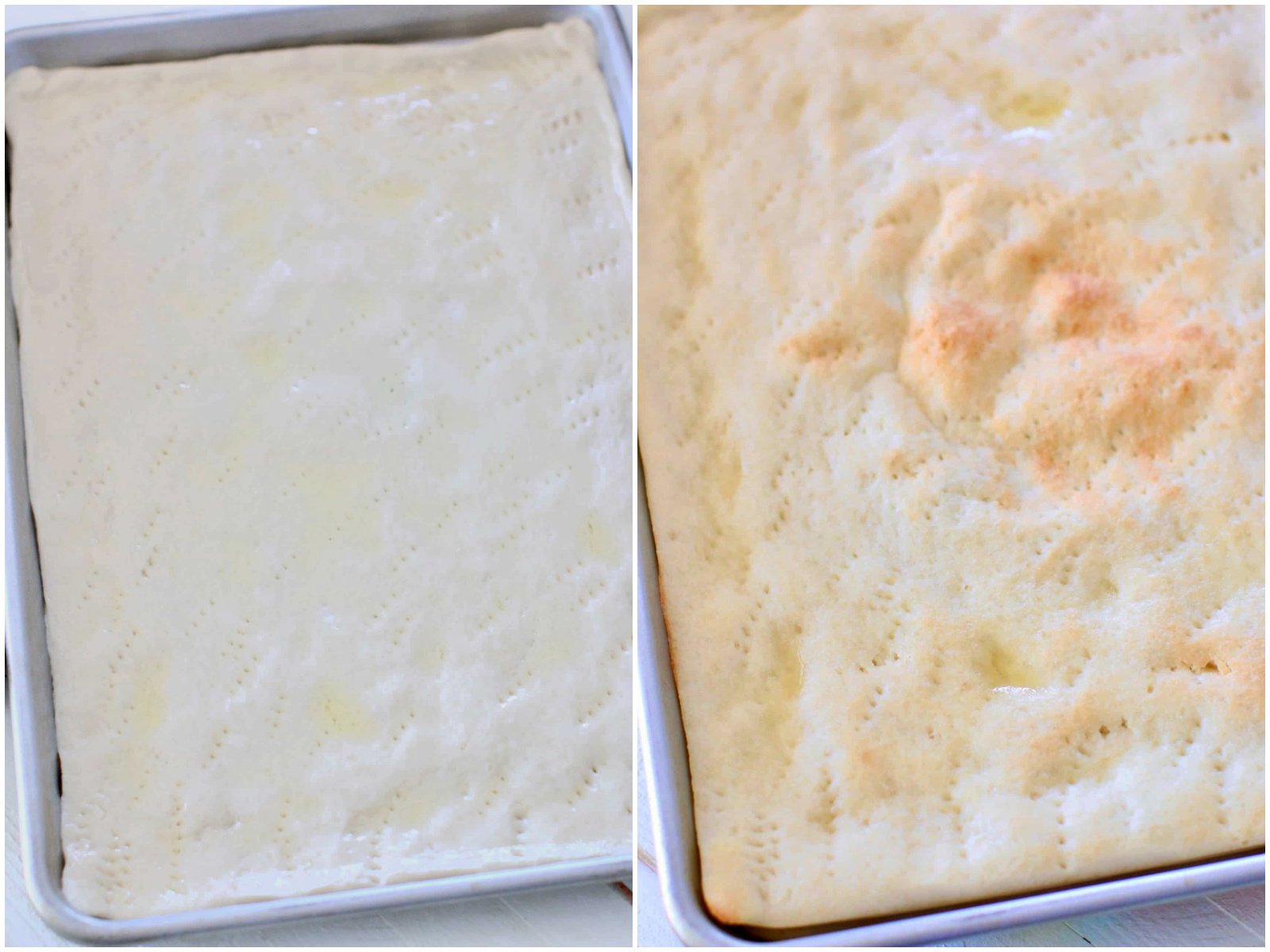 collage of two photos: pizza dough spread out on a rectangle baking sheet; partially baked pizza crust on a baking tray.