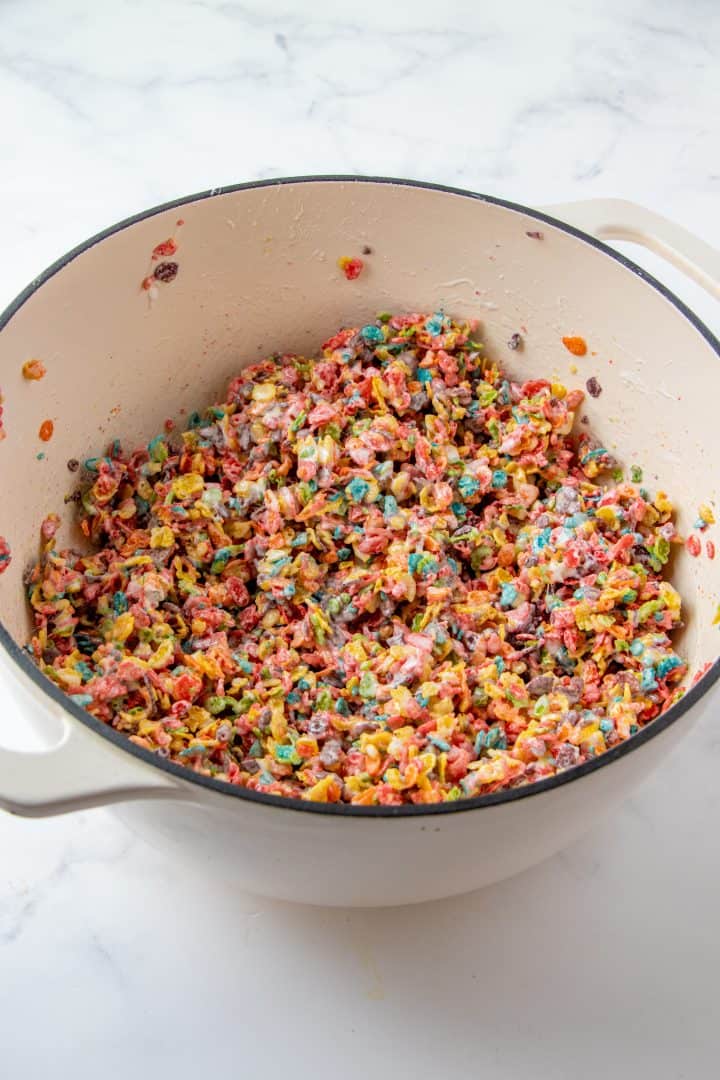 Fruity Pebbles stirred into melted marshmallows