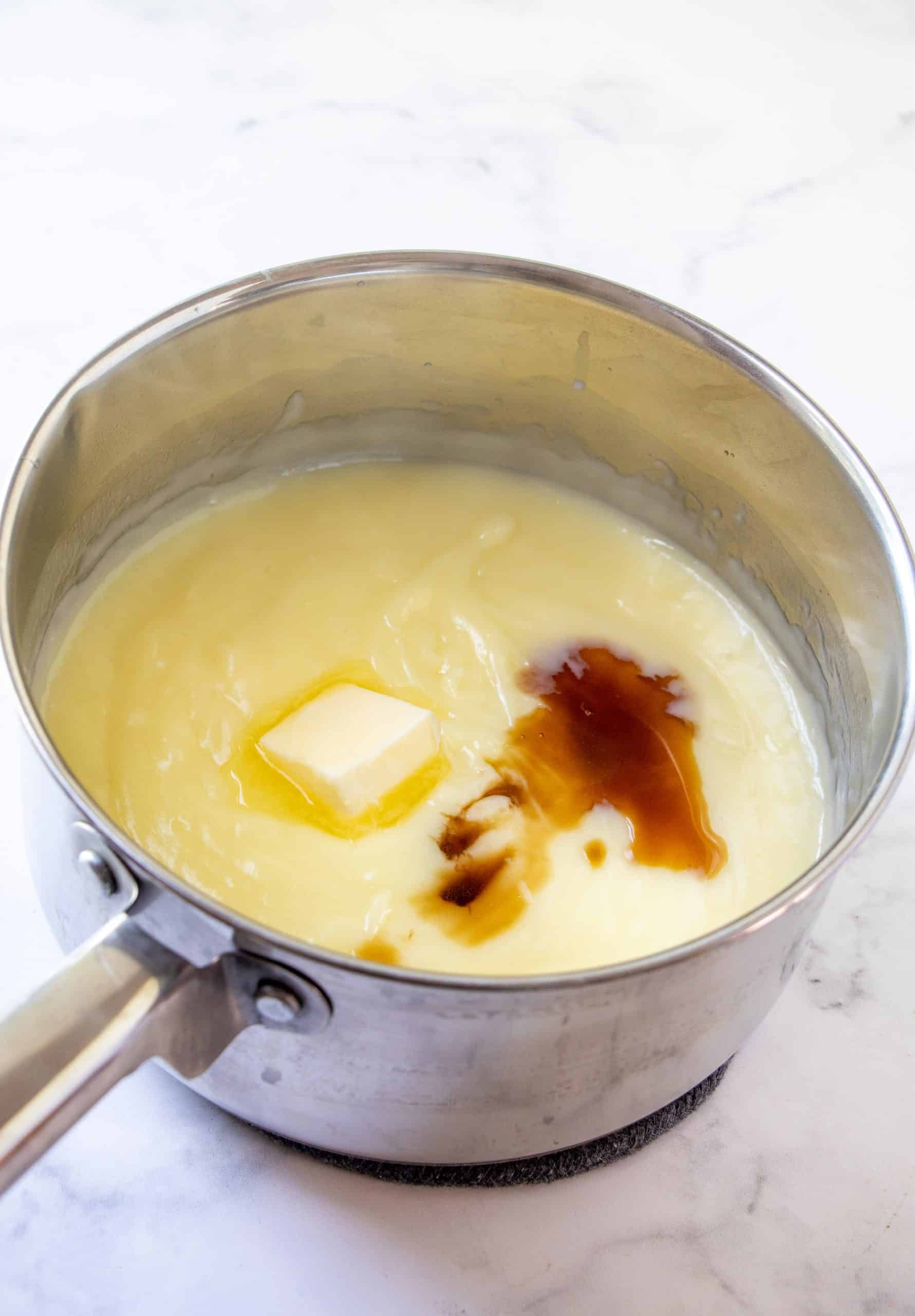 Butter and vanilla added to pudding mixture. 