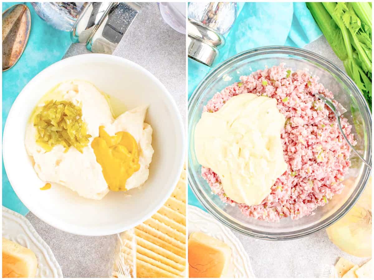 a collage of two photos: mayonnaise, mustard and sweet pickle relish in a medium white bowl and mayonnaise mixture added to a large bowl with diced ham mixture. 