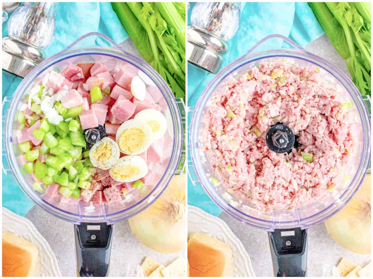 collage of two photos: ham, egg, celery and onion in a food processor and ham mixture in food processor after it has been processed.