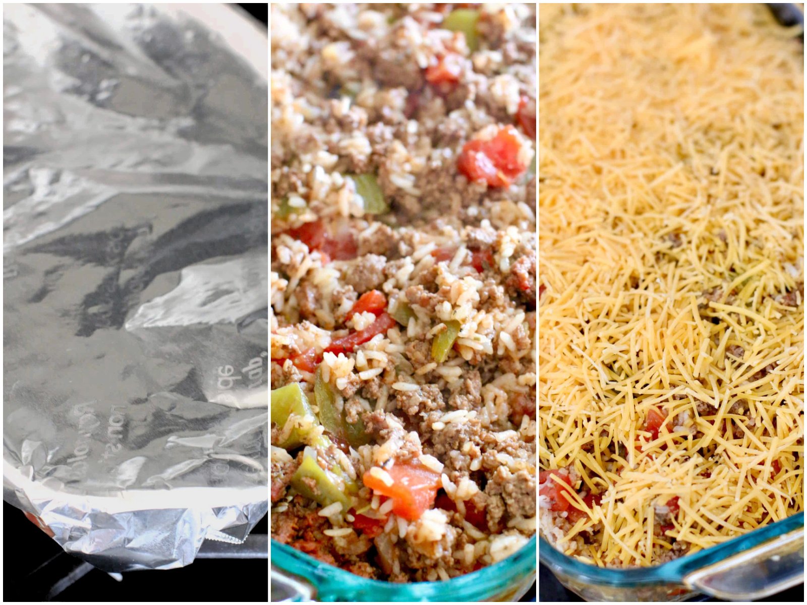 collage of three photos: covered casserole dish; fully cooked stuffed pepper casserole; shredded cheese added on top of casserole. 