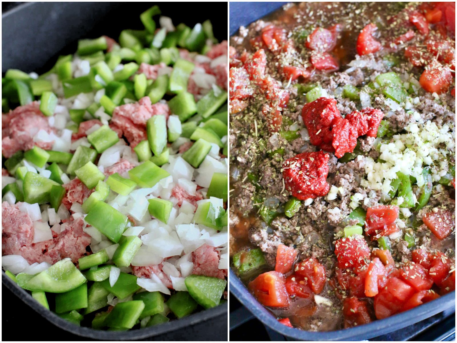 collage of two photos: ground beef, diced green peppers and diced onion in a large skillet; cooked ground beef, onions, green peppers, tomato paste, garlic and diced tomatoes in a large skillet.