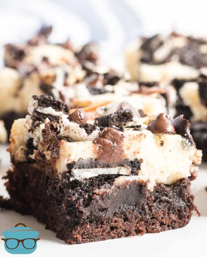 Close up photo of one Oreo Cheesecake Brownie.