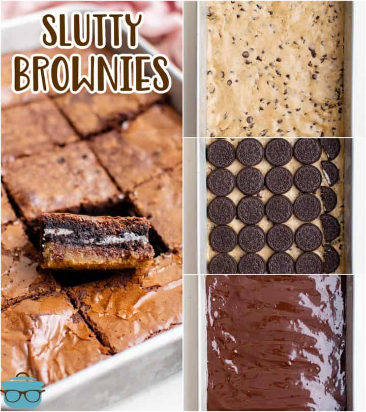 Collage of Slutty brownie in process and finished in pan Pinterest image