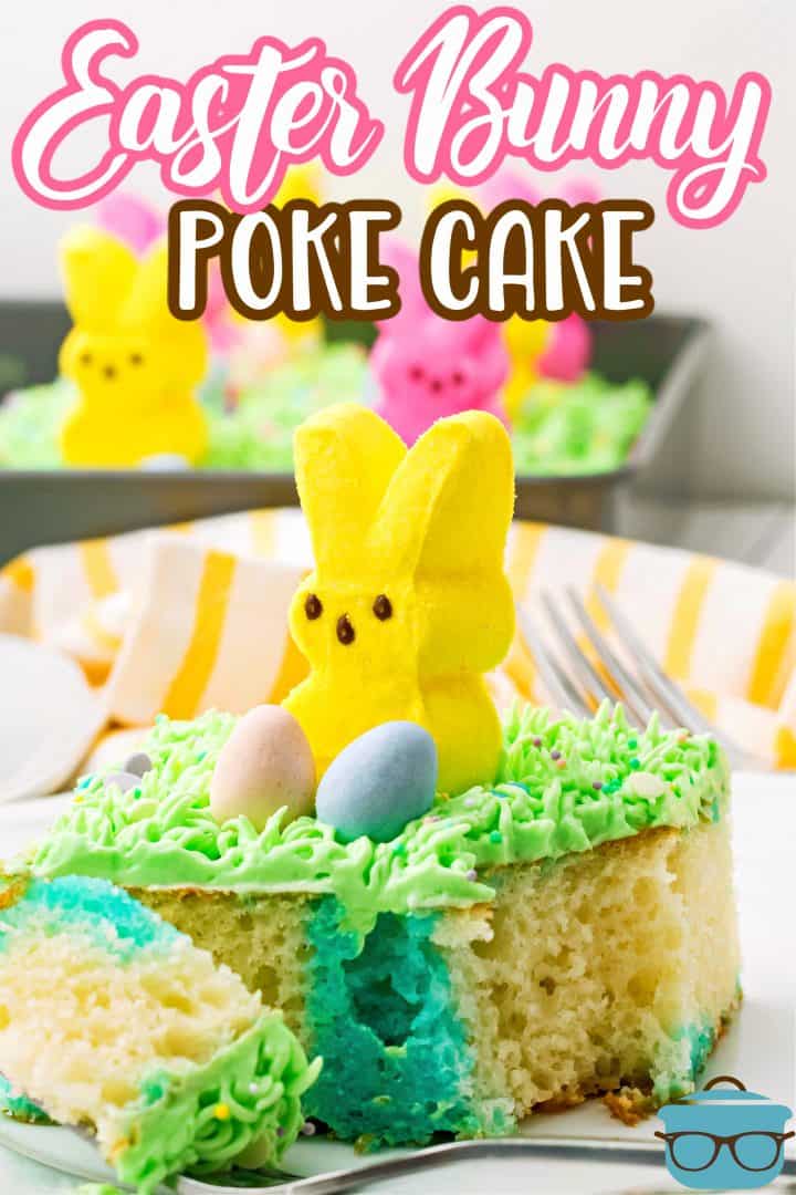 Easter Bunny Poke Cake Recipe on plate showing jello inside Pinterest image