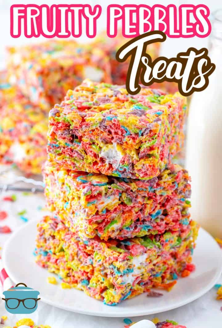Stacked Fruity Pebbles Treats with more treats in background Pinterest image