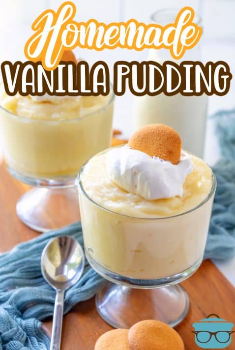 Overhead angle of two glasses of Homemade Vanilla Pudding pinterest image
