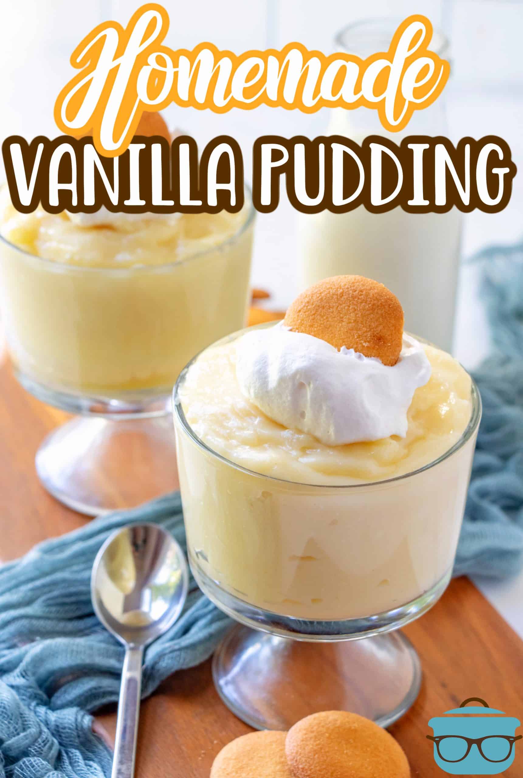 Overhead angle of two glasses of Homemade Vanilla Pudding pinterest image.