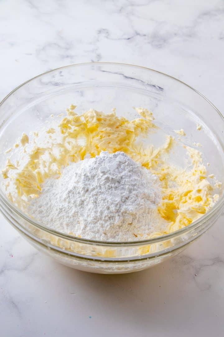 Powdered sugar added to butter mixture.