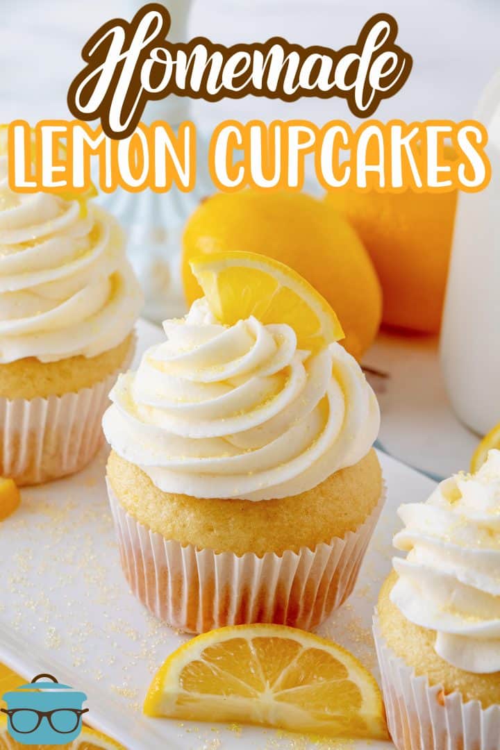 Pinterest image of cupcakes on white platter with lemons in background.