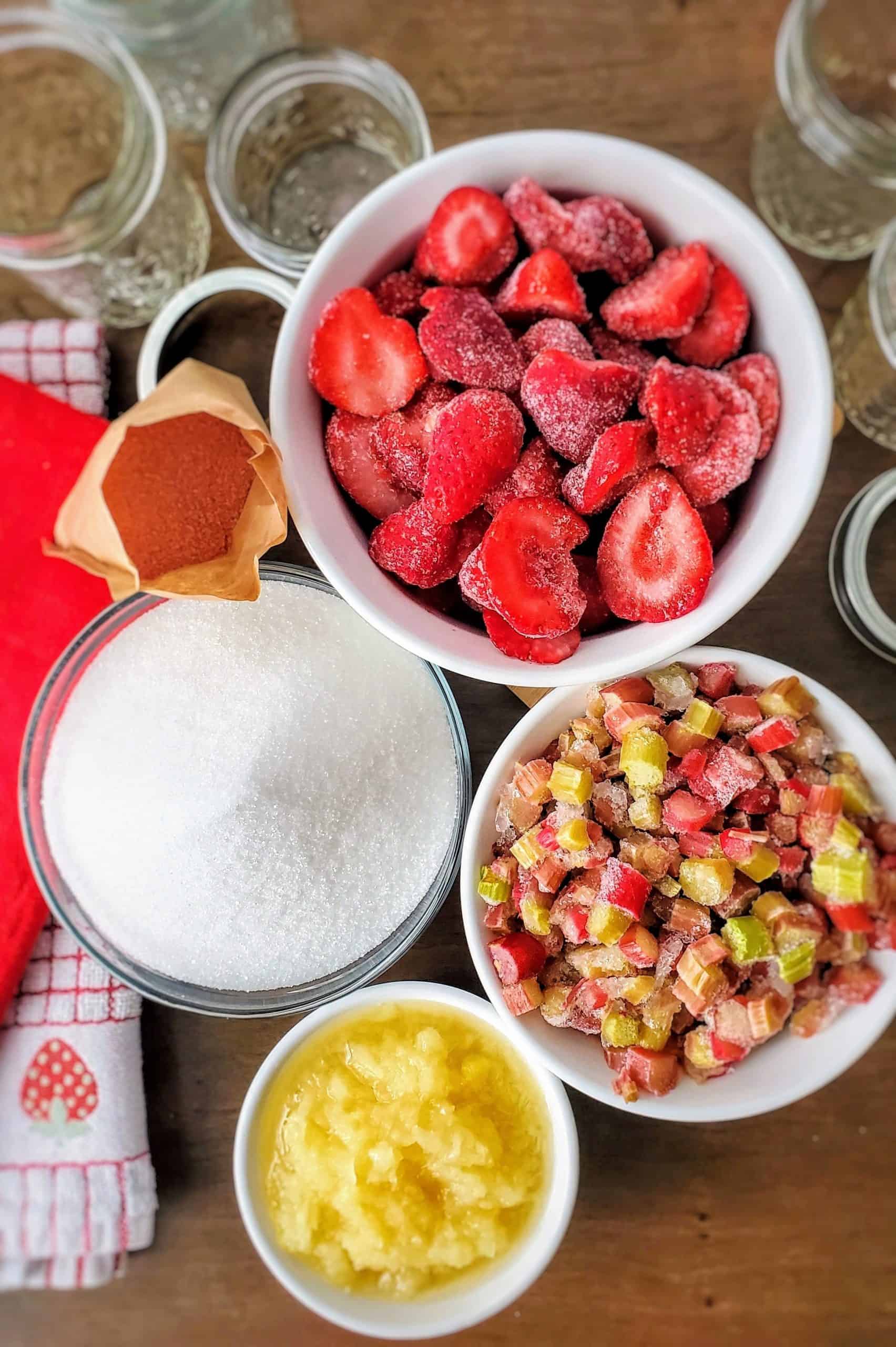 Ingredients needed: frozen sliced strawberries, frozen diced rhubarb, 1 can (8 ounces) crushed pineapple, granulated sugar, strawberry-flavored gelatin.