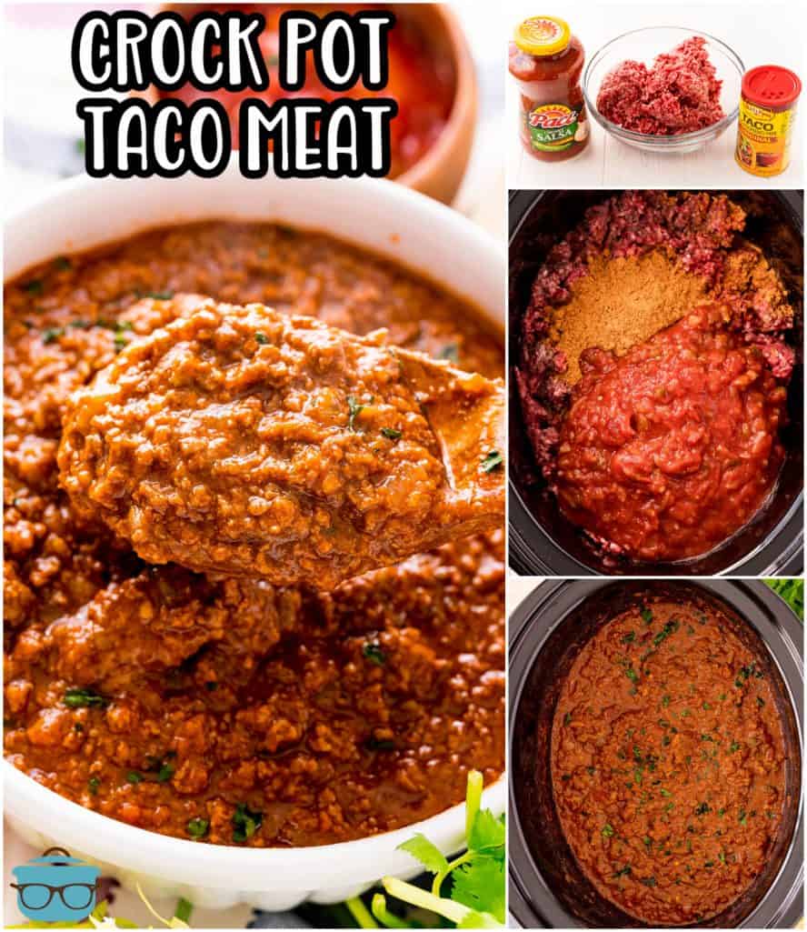 Collage image of various steps of cooking the Crock Pot Taco Meat pinterest image