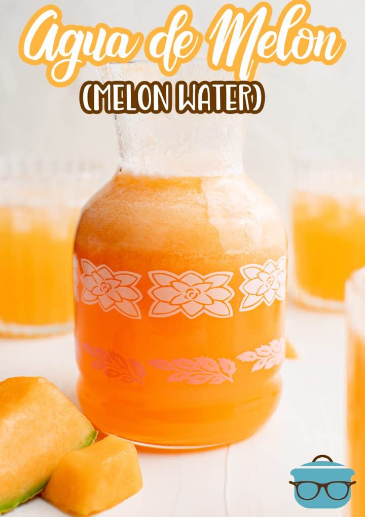 Pitcher of Agua de Melon in either surrounded by fruit Pinterest image
