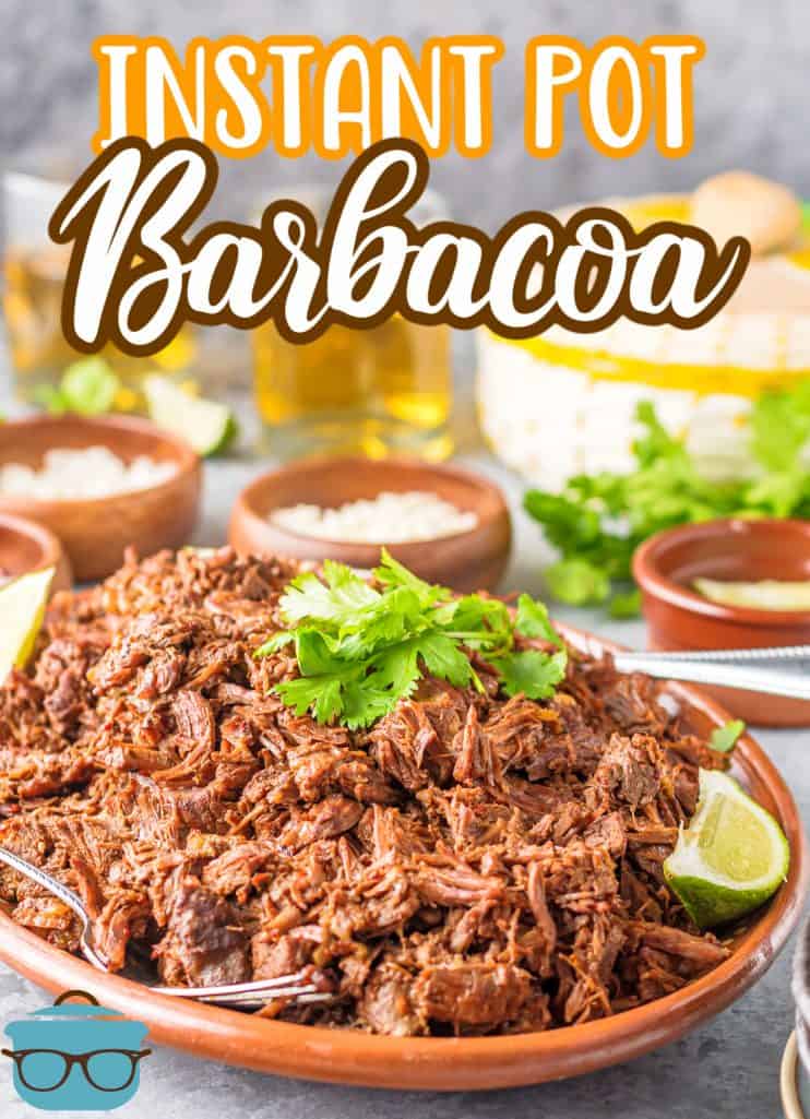 Platter of Instant Pot Barbacoa on platter with lime and cilantro Pinterest image