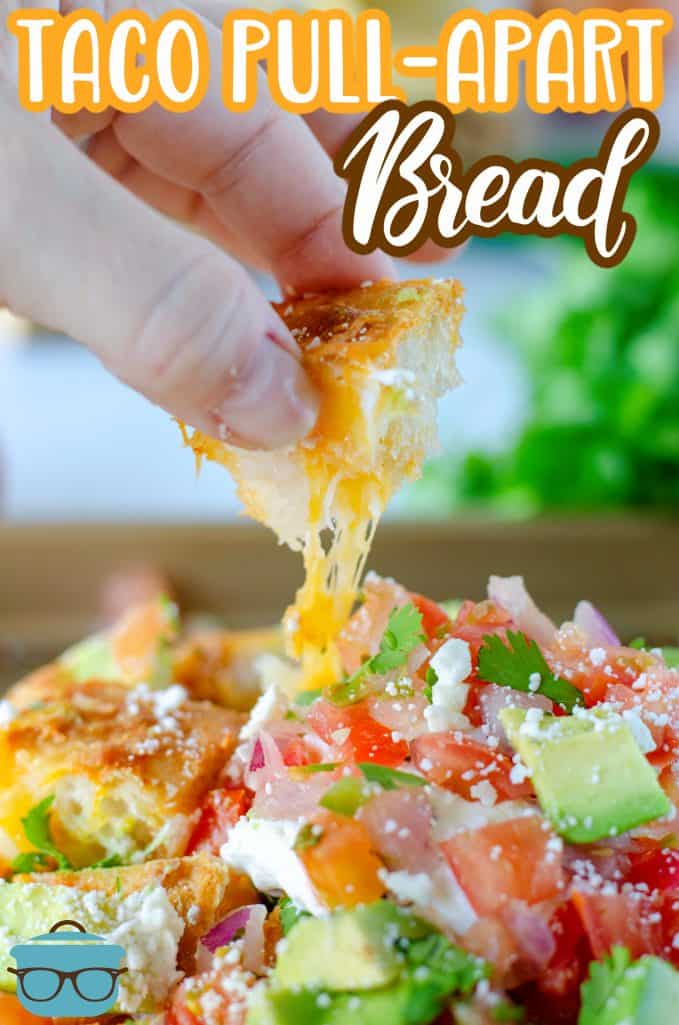 Cheese pull from a piece of the bread loaf Pinterest image