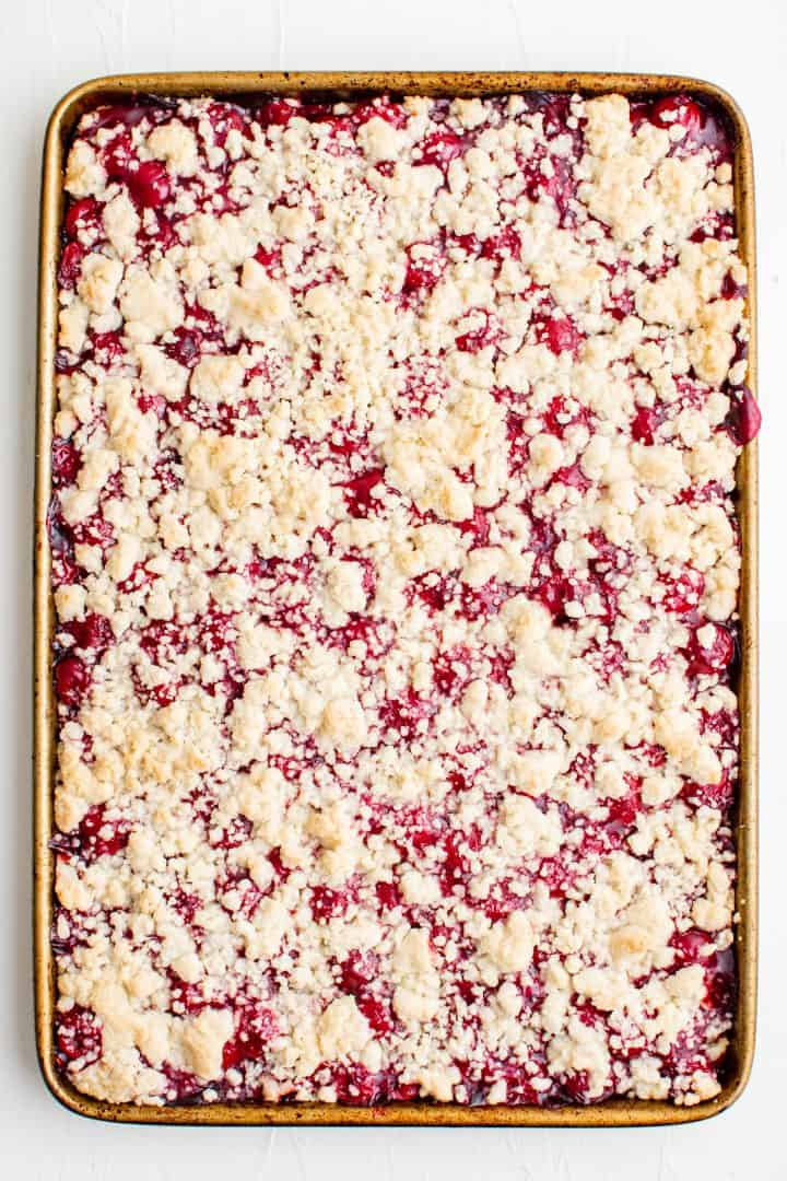 Baked filling and crumble top out of oven.