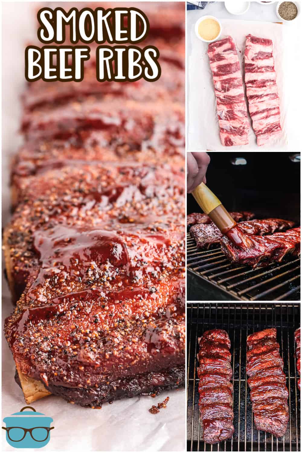 Smoked Beef Ribs recipe from The Country Cook, collage photo showing the rib smoking process and a final photo of the completed cooked ribs.