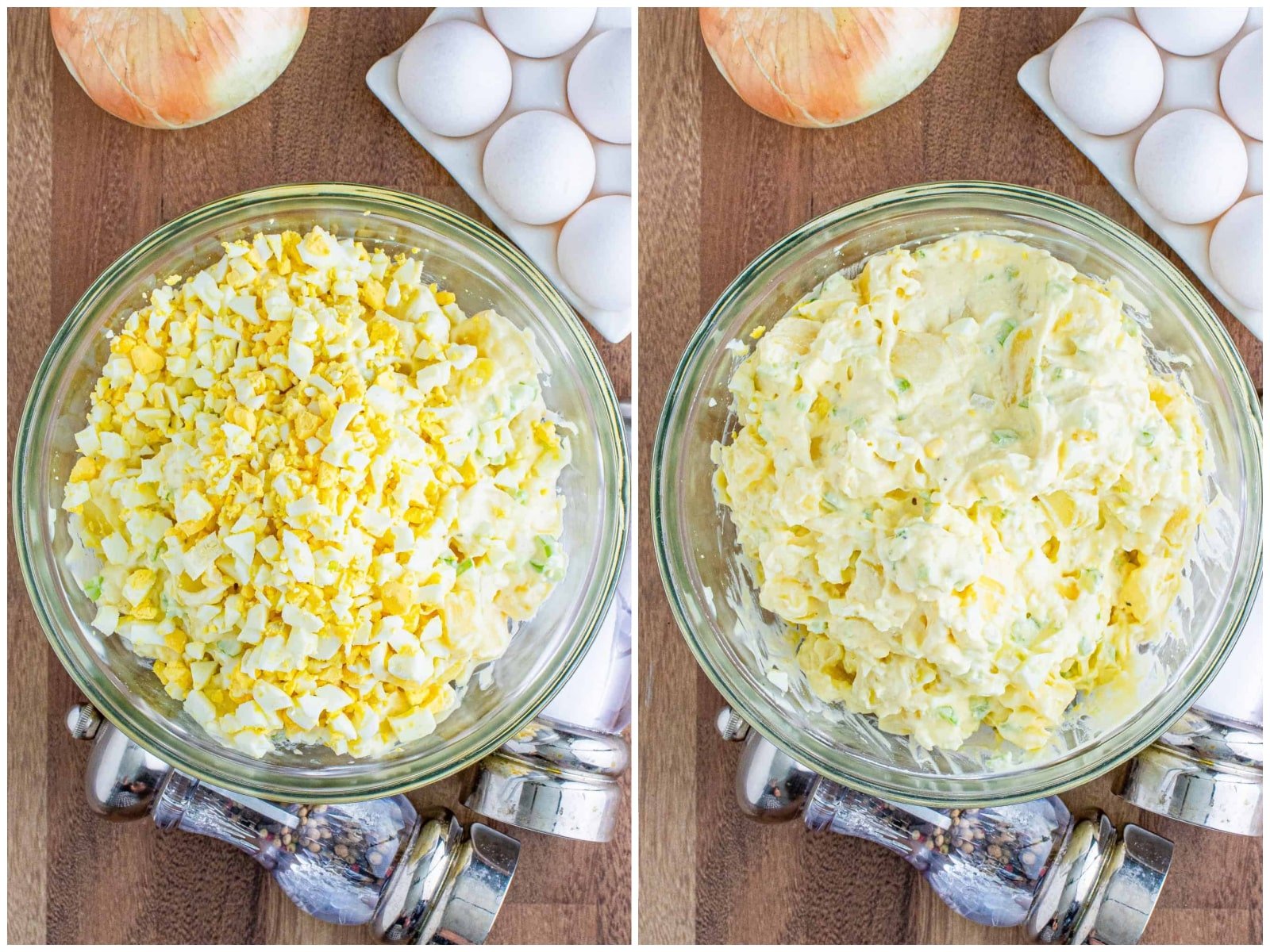 collage of two photos: diced hard boiled eggs added to potato salad; fully mixed potato salad. 