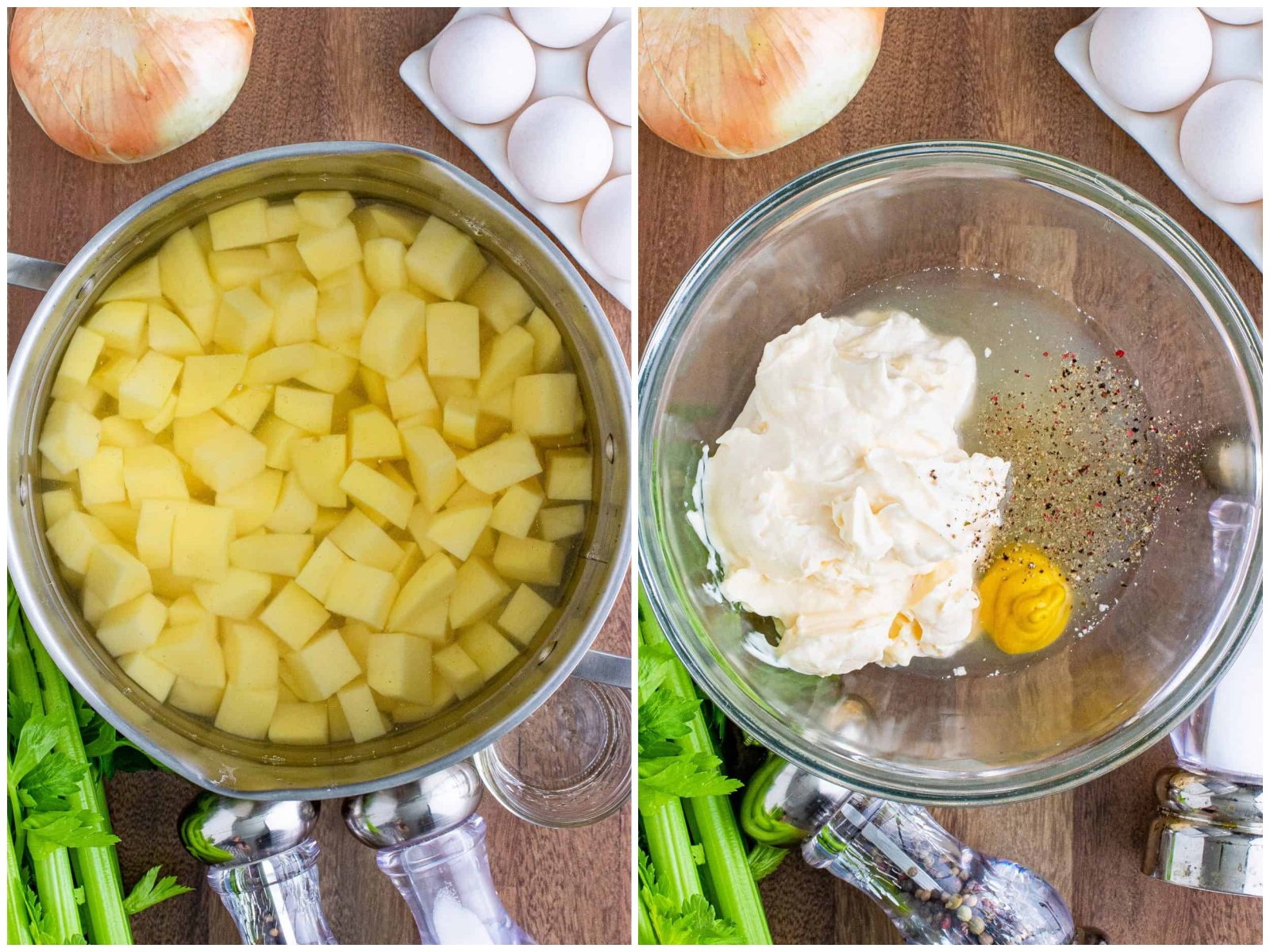 collage of two photos: diced gold potatoes in a large pot of water; mayonnaise, mustard, chicken stock, salt and pepper shown in a clear mixing bowl.