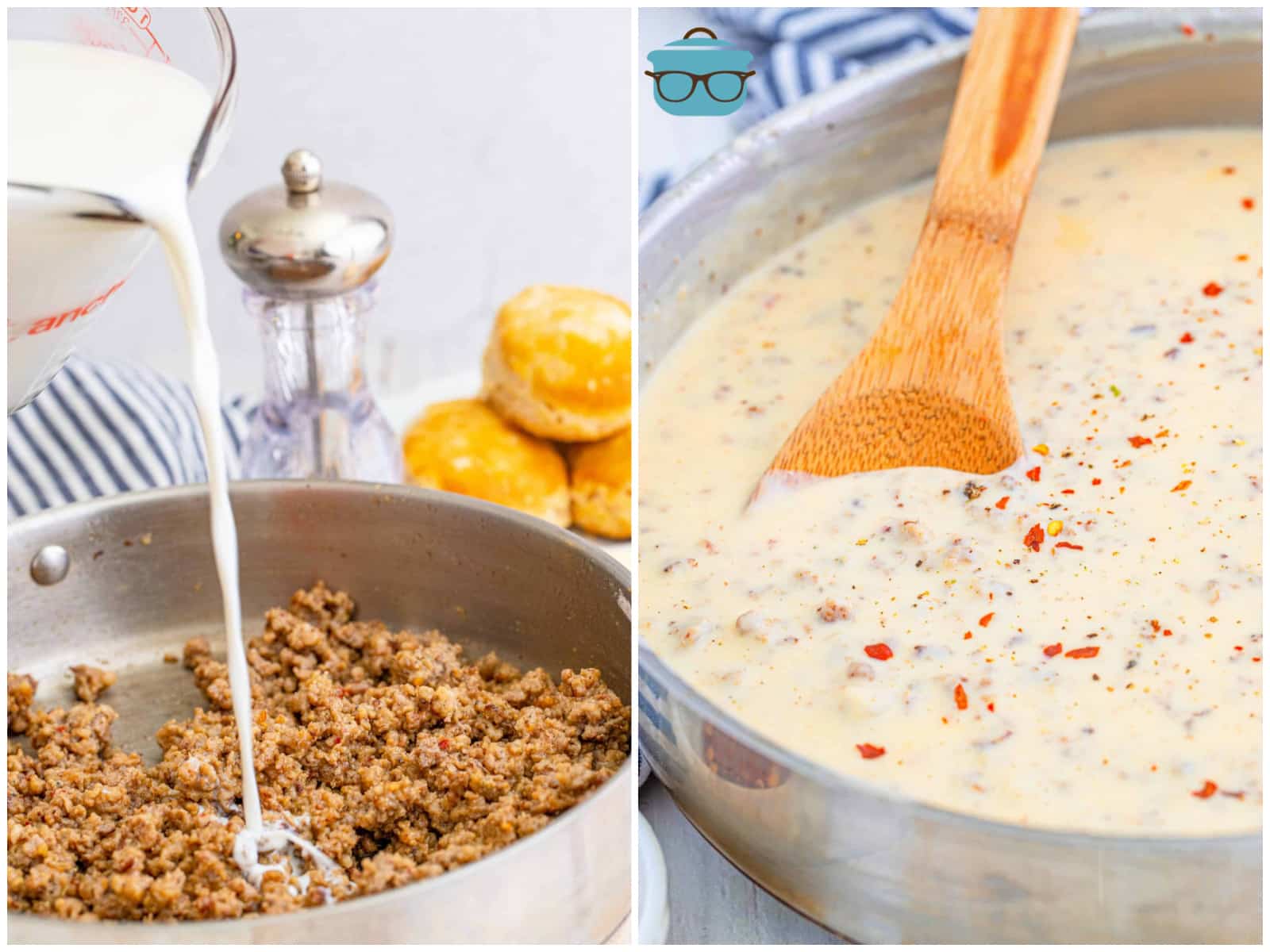 collage of two photos: pouring milk into skillet with sausage mixture' a wooden spoon stirring the gravy mixture in skillet. 