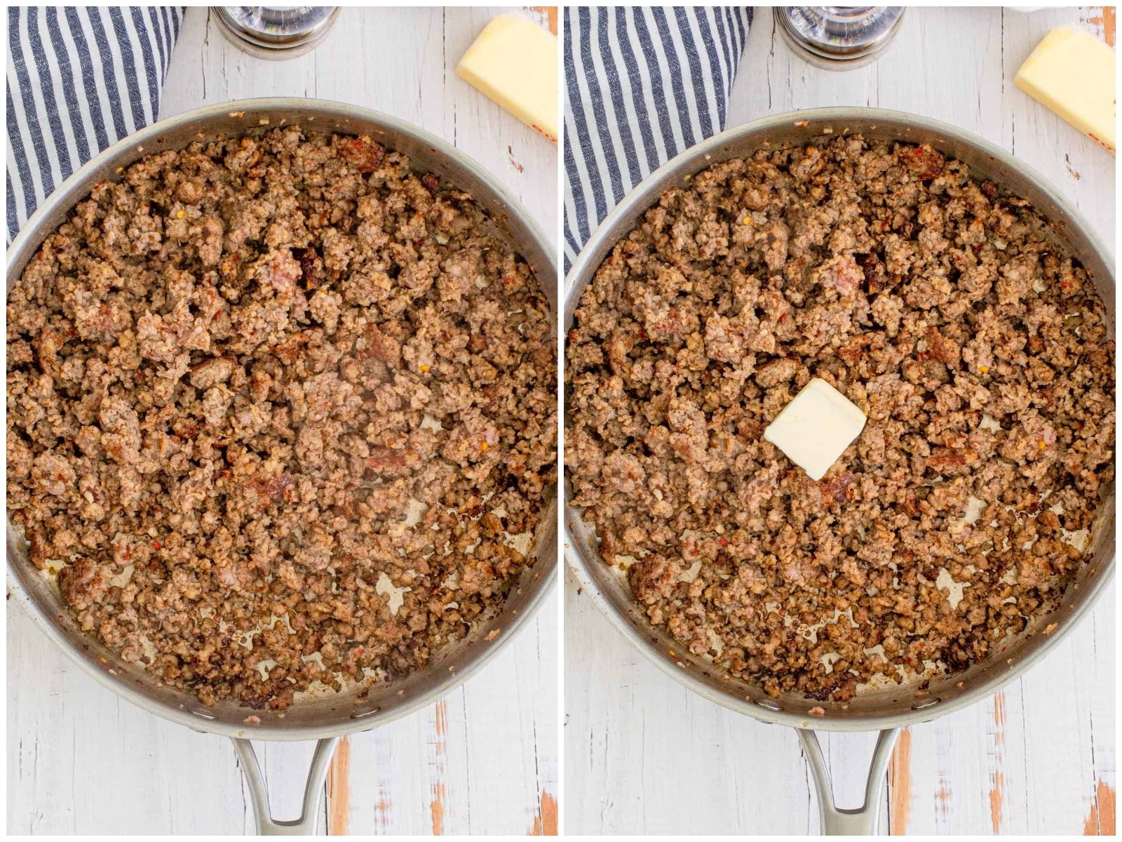 collage of two photos: cooked and crumbled pork sausage; pat of butter added to the sausage in skillet. 