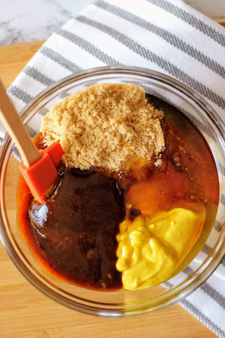 BBQ sauce, mustard, brown sugar and honey in bowl