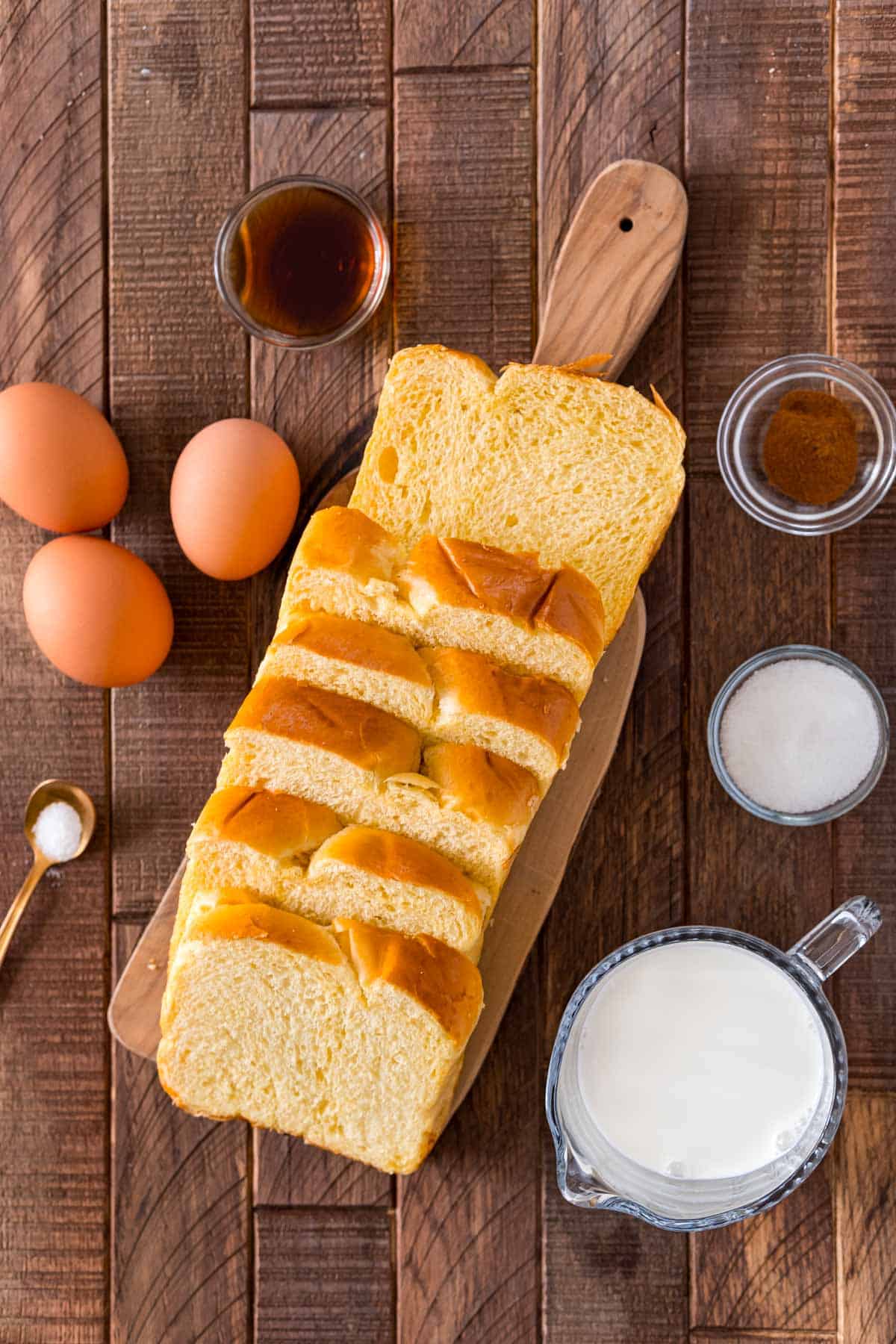 Ingredients needed: brioche bread, eggs, egg yolk, half & half, granulated sugar, vanilla extract, cinnamon and salt.