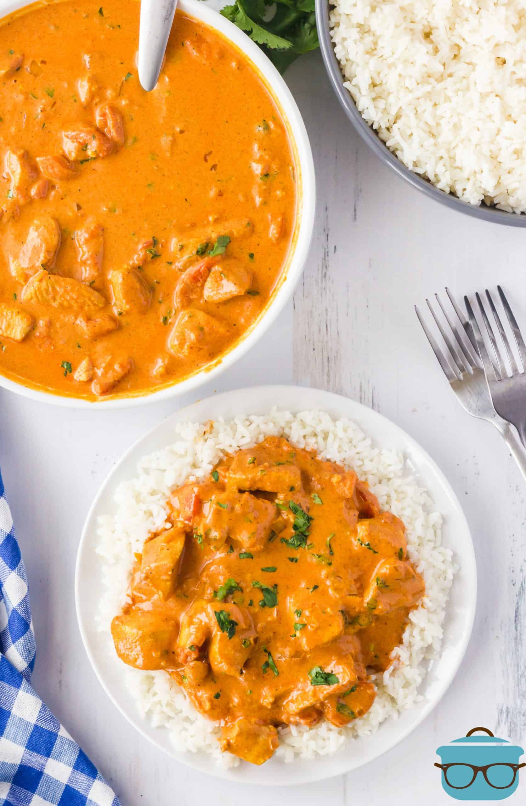 Overhead photo of Creamy Butter Chicken on plate with rice and chicken and rice in the background.