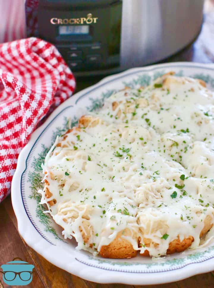 cheese garlic pull apart bread on an oval plate