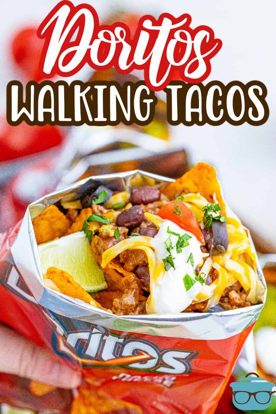 Close up inside bag of Doritos Walking Tacos ingredients Pinterest image