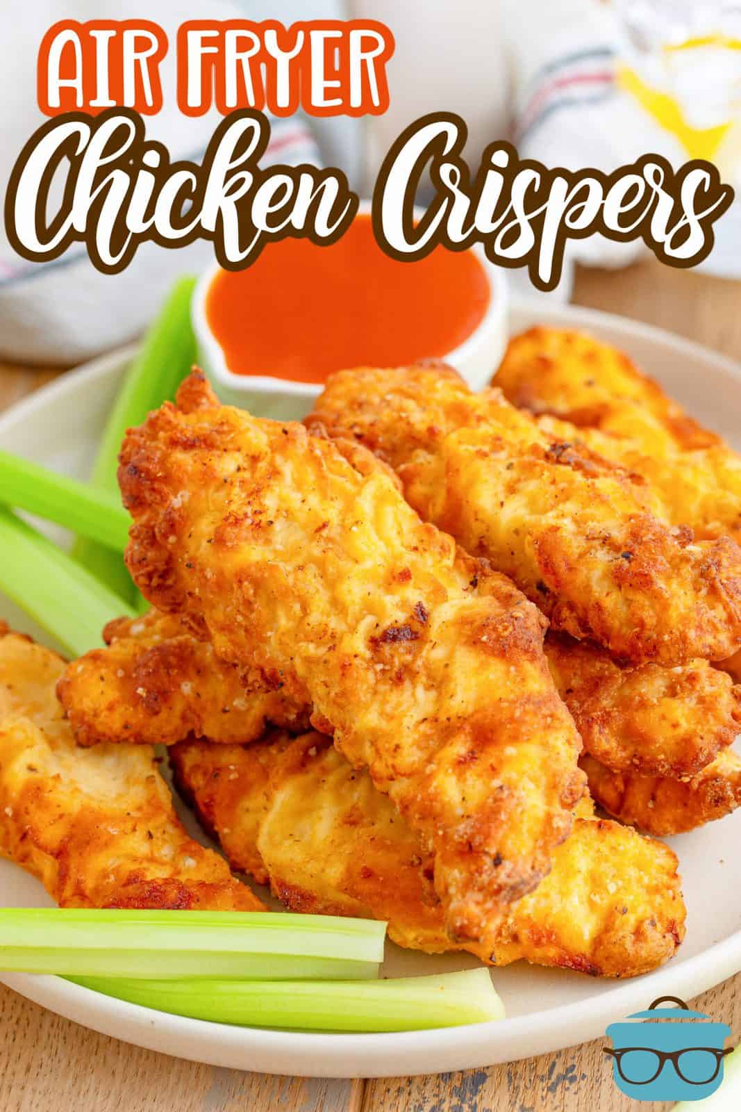 Stacked Air Fryer Chicken Crispers on plate with celery and dipping sauce Pinterest image