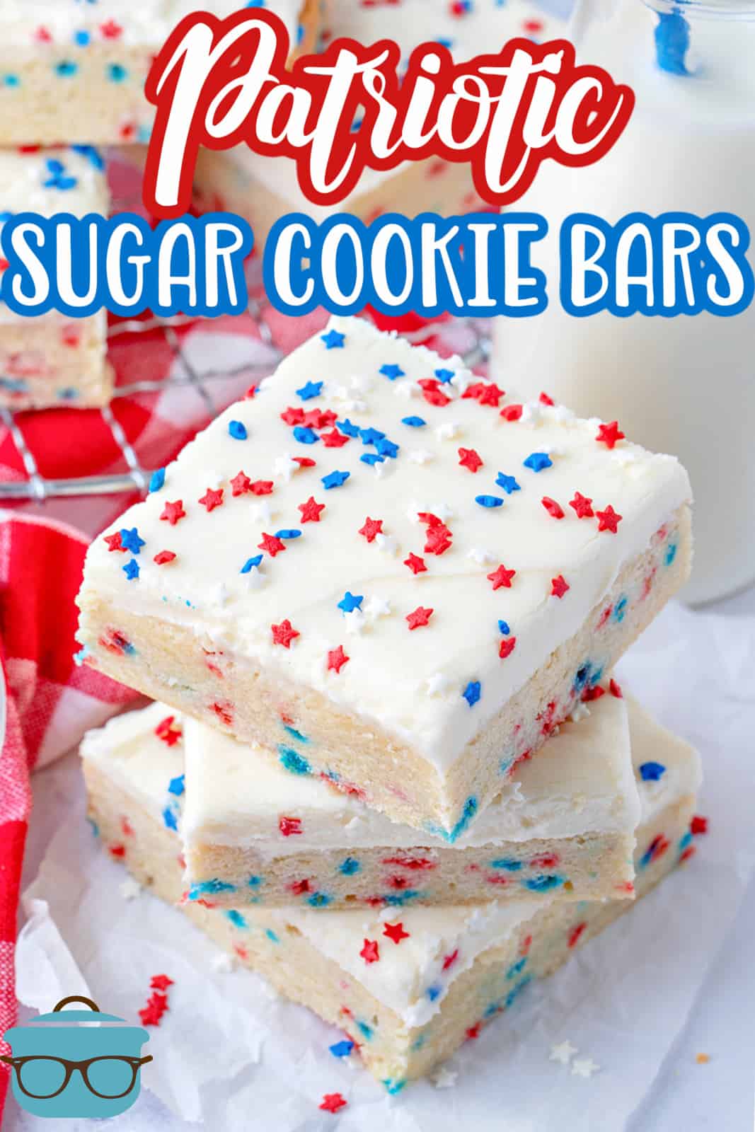 A photo of 3 Patriotic Sugar Cookie Bars stacked on top of each other - by The Country Cook